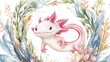 © Sloth McSloth - Whimsical Watercolor Axolotl Illustration: Fantasy Floral Design