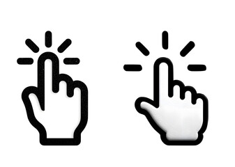Two cursor hand icons, one black and one white, isolated on transparent background, point upwards with radiating lines suggesting a click