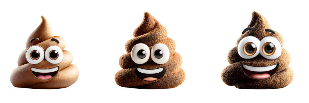 Three cheerful poop emojis, isolated on transparent background, showcase varying sizes and expressions