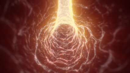 Poster - Glowing energy tunnel in orange and yellow hues with an electrified web of connections, symbolizing vitality and motion