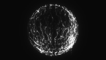 Poster - Bright white glowing sphere made of shimmering light threads, radiating against a black background