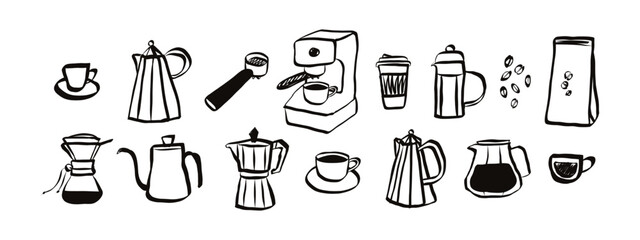 Aufkleber - Coffee set in hand drawn doodle style. Retro whimsical symbols for cafeteria menu and business breakfast invitation. Trendy and cute art for social media. La dolce vita vector illustration