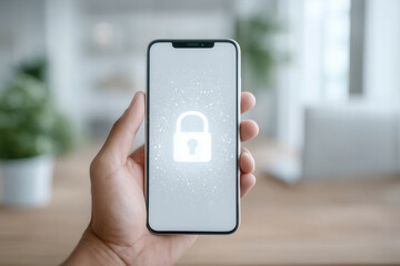 Poster - Hand holds mobile phone displaying holographic padlock symbol. Bright indoor lighting with blurred background creates modern secure atmosphere. Concept of technology, cybersecurity, mobile banking