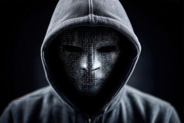 Poster - Hacker engages with multiple computer screens displaying code and binary numbers. Dark environment creates high contrast lighting. Concept of cybersecurity, IT, digital security