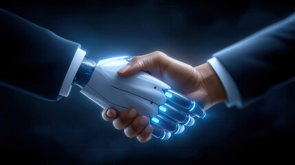 Poster - Robotic hand shakes human hand in dark background with spotlight highlighting interaction. Concept of AI collaboration, unity, advancing technology. Suitable for tech, automation, innovation sectors