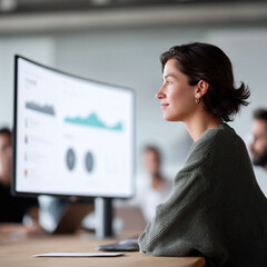 Poster - Focused businesswoman analyzing data during a meeting. Business insights, progress, strategy, and teamwork concepts. Professional environment, modern design.