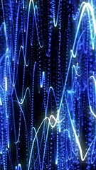 Aufkleber - Dynamic abstract image of glowing blue particle waves and light trails over a dark background, evoking data streams and futuristic motion