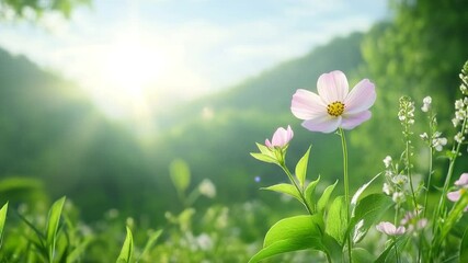 Poster - Flower's Embrace: Gentle blooms reach for the sun in a vibrant meadow, inviting viewers to soak in the beauty of the day. A sense of tranquility and freshness is captured here.