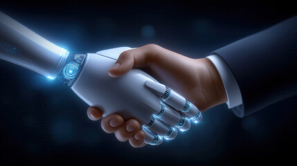Poster - Robotic hand engages in handshake with human hand showcasing collaboration. Dark background with spotlight on hands highlights innovative technology