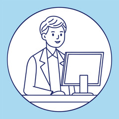 Fototapete - Business professional working on a computer smiling in clean blue and white style
