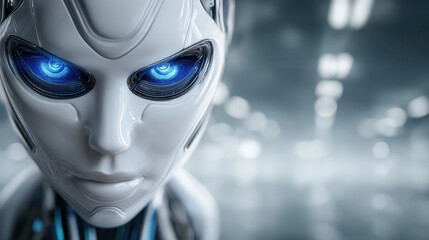 Poster - Close-up of a detailed futuristic AI robot face looking at camera with blue illuminated eyes. Softly blurred lab setting provides ample empty space for text