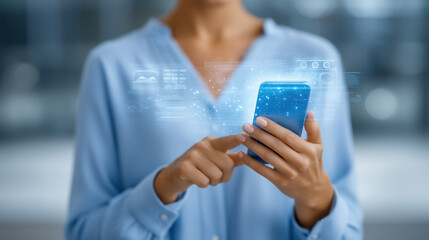 Poster - Individual interacts with transparent holographic smartphone showcasing floating interface graphics. Cool blue lighting ambiance in modern office layout