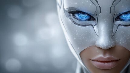 Poster - Close-up of sleek white AI robot face looking at camera with illuminated blue eyes. Detailed futuristic lab environment softly blurred in background. Concept of technology, innovation, robotics