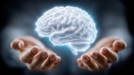Poster - Glowing digital brain hologram hovers above hands in dark backdrop. Dramatic lighting creates a striking visual effect. Concept technology, innovation, neuroscience, and marketing