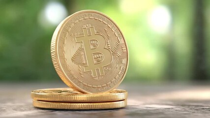 Aufkleber - Bitcoin's Digital Gold: A close-up shot showcasing a stack of gold bitcoins, symbolizing the digital currency's value. set in a bright, nature-inspired backdrop.