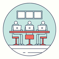 Fototapete - Minimalistic illustration of a modern office workspace with people and laptops