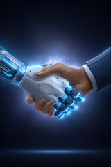 Poster - Robotic hand shakes human hand in ultra-sharp detail. Dark background with spotlight emphasizes hands' connection. Concept of AI collaboration, innovation, technology