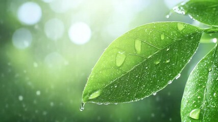 Aufkleber - Serene Dewdrop on a Green Leaf: A close-up shot of a vibrant green leaf glistens with delicate water droplets. It's a moment of freshness and renewal, a captivating scene from the heart of nature.