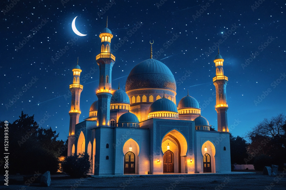 Majestic Mosque at Night Illuminated Architecture under Starlit Sky ...