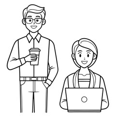 Fototapete - Two people sketching office workers with a laptop and coffee cup smiling cheerfully