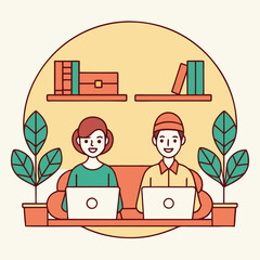 Fototapete - Two people working together on laptops with books and plants in modern design