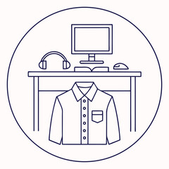 Fototapete - Work from home illustration featuring desk, computer, headphones and button down shirt