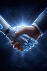 Poster - Robotic hand shakes human hand in ultra-sharp, photo-realistic style. Dark background highlights their connection, symbolizing collaboration between man and machine