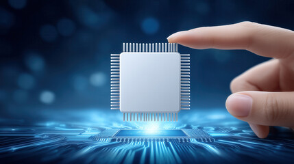 Poster - Close-up view of microchip held between fingers. Detailed circuitry illuminated with cool lighting, highlighting technology theme in modern workspace. Concept of electronics, innovation, technology