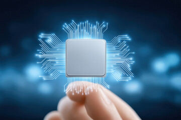 Poster - Hand holding a microchip with detailed circuitry design. High-tech atmosphere with cool lighting creates futuristic vibe. Concept of technology, electronics, digital design