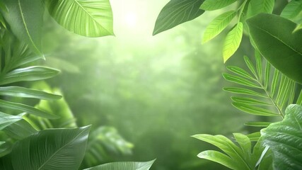Poster - Lush Tropical Foliage: Sunlight filters through vibrant green tropical leaves, creating a serene and lush jungle scene. The focus is on the rich textures and vibrant colors of the foliage.