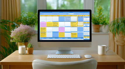 Poster - Computer screen displays organizing tools and planner notes in a warm light office environment. Fresh plants enhance focus and productivity. Concept of remote work, home office, personal organization