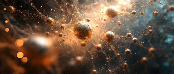 Poster - Quantum Data Visualization Immersive Digital Network Nodes in Warm Bronze Tones - Next-Gen Information Architecture for Innovative Tech Storytelling