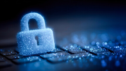 Poster - Lock icon hologram glows above keyboard representing cybersecurity. Background features blurred fingers typing, creating dynamic tech setting. Concept of finance, IT security, digital services