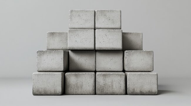 Stacked, weathered concrete blocks form a pyramid