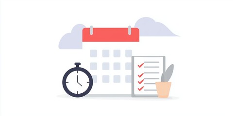 Poster - Calendar illustration with checklists, stopwatch, and potted plant, representing time management, organization, and productivity in a modern workspace environment