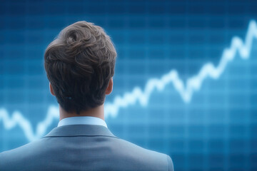 Poster - Businessman in suit stands confidently in front of blue rising stock market chart display. Sharp upward trend accents professional environment. Concept of finance, investment, business strategy