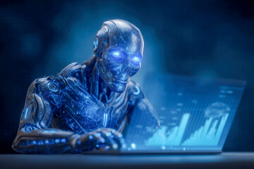 Poster - AI robot worker analyzes complex data on transparent holographic screens. Cool blue lighting emphasizes innovative workspace with dark background