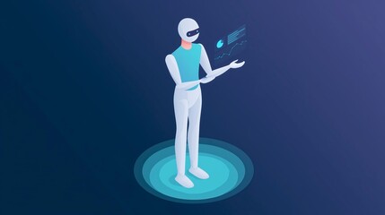 Poster - Futuristic humanoid robot with a sleek design, displaying digital data and analytics in a virtual environment, representing advanced technology and innovation in artificial intelligence