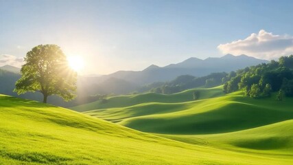 Poster - Serene Meadow: Majestic tree on a backdrop of rolling green hills under a clear blue sky, creating a sense of peaceful serenity. 
