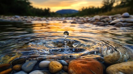 Poster - A single water droplet creates ripples in twilight river, softly revealing smooth pebbles beneath the surface
