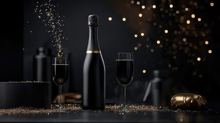 Poster - A sleek black champagne bottle pouring bubbly into matching black glasses, set against shimmering lights for an elegant, modern midnight celebration