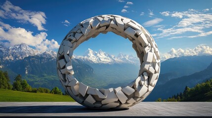 Poster - A modern spherical structure with geometric carvings perfectly aligning to reveal a panoramic view of majestic mountain peaks in the distance
