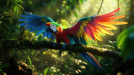 Poster - A macaw parrot spreading its vibrant wings perched on a jungle branch