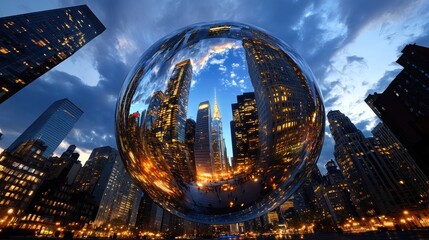 Aufkleber - A gleaming metropolis reflected inside a giant glass orb, lights and skyscrapers bending in a stunning visual interplay of urban geometry