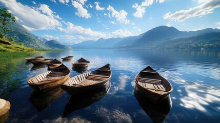 Poster - A fleet of rustic wooden boats sails peacefully across a tranquil lake, majestic mountains rising in the background under a clear, serene sky