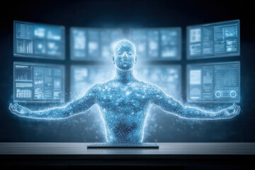 Poster - AI robot worker displays data on multiple transparent holographic screens in a high-tech office. Cool blue light contrasts with dark background