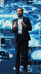 Poster - Vertical Video Technician specialist making AI brain neural networks business pitch at a tech convention, hosting a live conference to discuss about deep learning benefits. Business technology growth