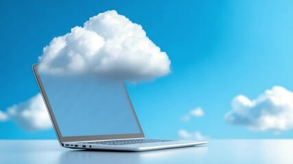 Poster - Cloud computing concept: A futuristic scene where a laptop seamlessly merges with a cloud, symbolizing the power and accessibility of cloud computing. A simple yet impactful visual.