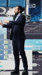 Poster - Vertical Video Public speaker CEO hosting business presentation to share a vision, discuss about new growth strategy and ideas for global development. Using a hands free microphone for attendees