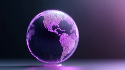 Poster - Global Concept with a Purple Touch: A glowing purple globe with continents highlighted against a dark backdrop, representing global interconnectedness, environmental awareness.